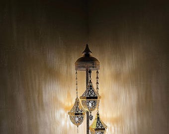 Moroccan Style Handmade Floor Lamp with Colorful Glass Shade for Bedroom or Lounge