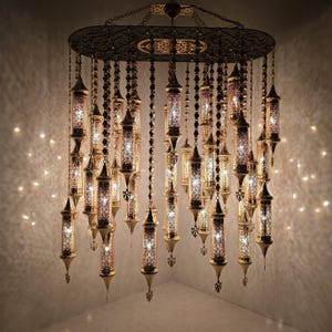 Marokkaanse glazen kroonluchter | Goudkleurige en zwarte ovale lamp met afstandsbediening | Handgemaakte Turkse plafondlamp voor de eetkamer | Cadeau voor huisdecoratie