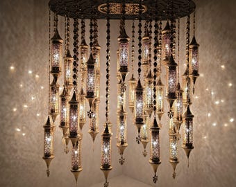 Moroccan Oval Chandelier | Gold Black Glass Turkish Ceiling Light (Remote Control)