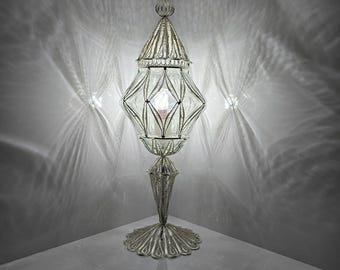 Handmade Silver Finish Table Lamp – Elegant Lighting for Bedroom, Office, or Living Room
