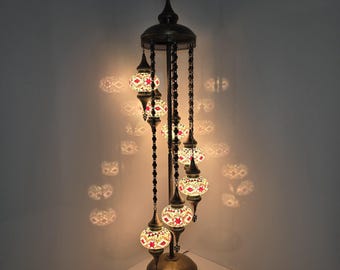 7-Globe Turkish Mosaic Floor Lamp: Handmade Stained Glass Lighting