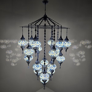 Extra Large Blue Mosaic Chandelier with 19 Globes, Turkish Handmade Boho Pendant Light, Decorative Hanging Lamp for High Ceiling