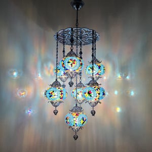 Rumi-Inspired Mosaic Glass Chandelier: 7-Light Artistic Pendant Lamp for Elegant Home Decor