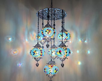 Rumi-Inspired Mosaic Glass Chandelier: 7-Light Artistic Pendant Lamp for Elegant Home Decor