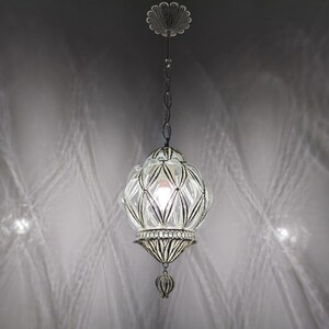 Elegant Silver-Toned Blown Glass Pendant Lamp, Handcrafted for Unique and Sophisticated Lighting Solutions