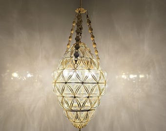 Gold Blown Glass Pendant Lamp | Handmade Single Pendant Chandelier | Modern Rustic Bohemian Lighting