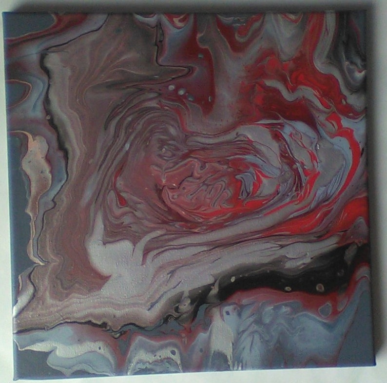 Red Black Silver Acrylic Paint Pour Painting on 12x12 Wrapped Canvas