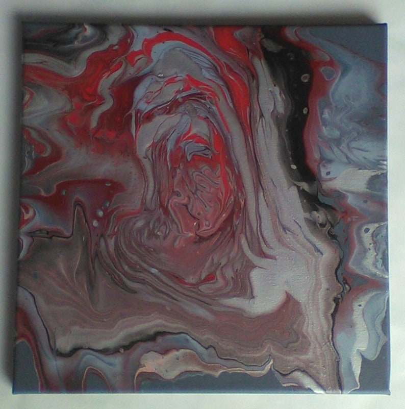 Red Black Silver Acrylic Paint Pour Painting on 12x12 Wrapped Canvas