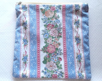 New Lined Cotton Zipper Pouch, Organizing Bag, Blue with Pink Roses