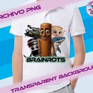 May include: White polo shirt with a cartoon graphic of a crocodile, coffee cup, wooden figure, shark, and barista. The word "BRAINROTS" is printed below the characters. A pink banner reads "TRANSPARENT BACKGROUND".