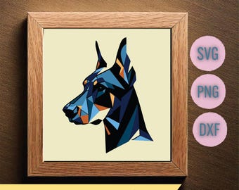 May include: Geometric illustration of a Doberman Pinscher dog's head in shades of blue, black, and orange. The image is framed in a wood frame with a white mount.