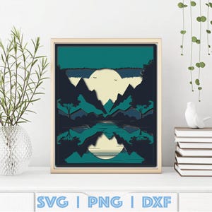 3D Landscape Mountain View Wall Art SVG, 3D Lake Landscape 5 Layers, Wall Art Templates, Laser Cut Files for Cricut, Xtool, Silhouette