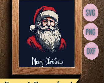 Könnte beinhalten: Ein digitaler Download einer Illustration im Vintage-Stil von Weihnachtsmann mit roter Mütze und weißem Bart. Das Bild hat einen dunkelblauen Hintergrund und der Text "Frohe Weihnachten" steht unter dem Bild.