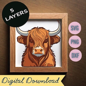 3D Multilayer Highland Cow Shadow box, Highland cow SVG cardstock, Highland Cow laser cut file for Silhouette, cricut, laser