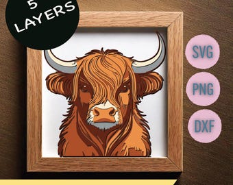 3D Multilayer Highland Cow Shadow box, Highland cow SVG cardstock, Highland Cow laser cut file for Silhouette, cricut, laser