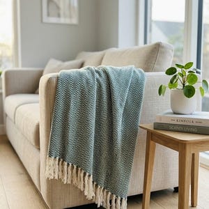 May include: A beige sofa with a teal and white chevron patterned throw blanket draped over the arm. The blanket has white fringe. A small wooden side table holds a potted plant and two books.