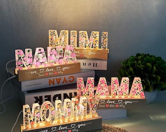 Custom Floral LED Night Light, Personalized Mom Gift