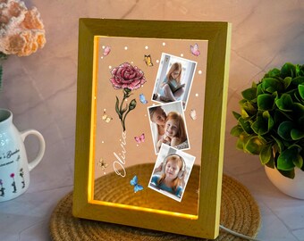 Personalized Photo LED Lamp: Custom Birth Flower Night Light, Mom Gift