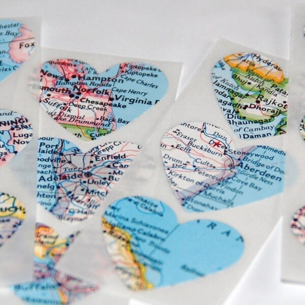 12 Recycled Map Heart Stickers/Seals