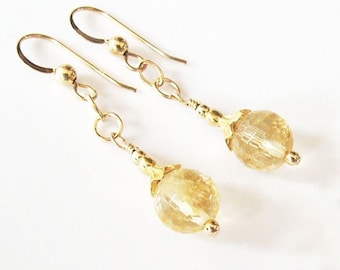 Citrine Gold Filled Earrings, Golden Yellow Honeycomb Faceted Gemstone Beads, Leaf Bead Caps, Ear Wire Options, November Birthstone