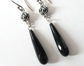 Black Agate Long Dangle Earrings, Faceted Black Gemstone Drop, Sterling Silver Rose, 925 Ear Wire Options