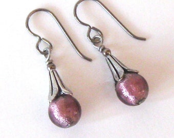 Purple Lampwork Bead Earrings, Murano Style Silver Foil Glass, Oxidized Silver Flower and Hypoallergenic Niobium Hooks