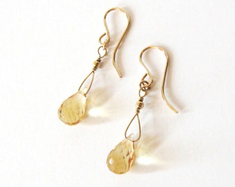 Citrine Gemstone Teardrop Earrings in Goldfilled, Wire Wrapped Microfaceted Briolettes, Ear Wire Options, November Birthstone