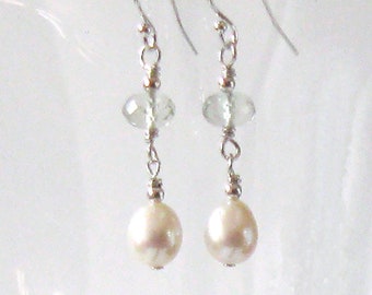 Green Amethyst and Freshwater Pearl Drop Earrings, Prasiolite Gemstone, Sterling Silver Ear Wire Options