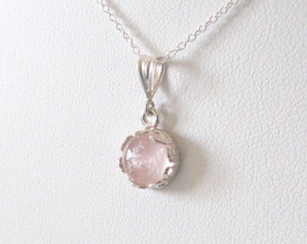 Rose Quartz Pendant Necklace, Pastel Pink 8mm Gemstone Cabochon, Sterling Silver Flower Leaf and Vine Bezel, Choose 16 or 18 inch 925 Chain