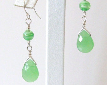 Lime Green Glass Teardrop Sterling Earrings with Vintage Japanese Lampwork Beads, 925 Silver Ear Wire Options