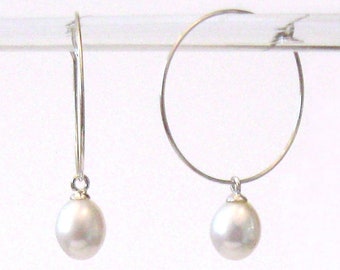 White Pearl Drops on Sterling Silver Hoop Earrings, Genuine Freshwater Half Drilled Oval 9 x 8mm Pearls