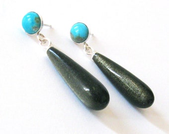 Turquoise Gemstone and Gold Sheen Black Obsidian Drop Earrings, Sterling Silver Posts, One of a Kind