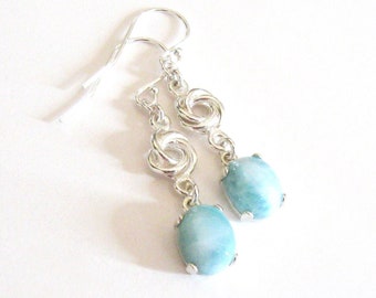 Genuine Larimar Gemstone Oval Dangle Sterling Silver Earrings with Love Knot Links and 925 Silver Ear Wire Options