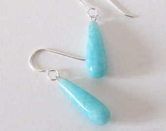 Amazonite Gemstone Sterling Silver Earrings, Aqua Blue Long Teardrop Stones, 925 Ear Wire Options