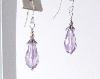 Amethyst Gemstone Briolette Sterling Silver Floral Earrings, 925 Ear Wire Options, Lavender Faceted Stones, February Birthstone