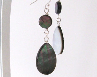 Iridescent Black Lip Shell Sterling Silver Earrings, Flat Teardrops Reverse to White Mother of Pearl, 925 Ear Wire Options