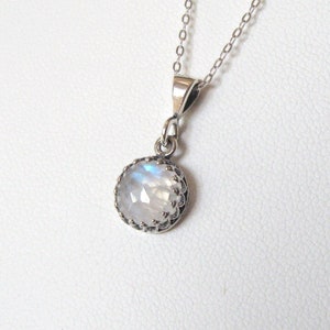 Rainbow Moonstone Sterling Silver Filigree Pendant Necklace, Adjustable Chain Option, 8mm Rose Cut Gemstone with Blue Flash