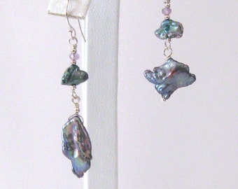 Peacock Keshi Pearl Asymmetric Earrings, Sterling Silver, 925 Ear Wire Options