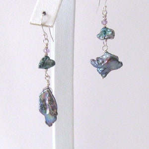 Peacock Keshi Pearl Asymmetric Earrings, Sterling Silver, 925 Ear Wire Options image 1