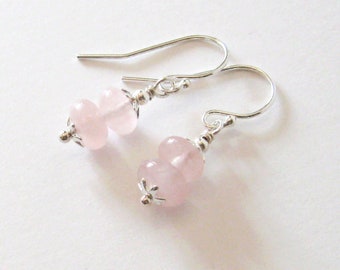 Rose Quartz Drop Earrings in Sterling Silver, Pastel Pink Gemstones, 925 Ear Wire Options