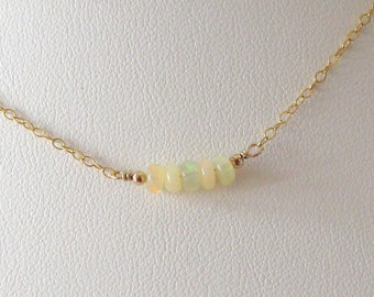 Ethiopian Opal Bar Necklace, Tiny Welo Opal Rondelle Beads Goldfilled Chain, Minimalist Style, October Birthstone