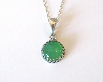Chrysoprase Gemstone Sterling Silver Filigree Pendant with Latching Bail, 10mm Green Gem Cabochon, 925 Chain Option