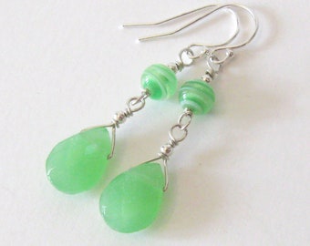 Lime Green Glass Teardrop Sterling Earrings with Vintage Japanese Lampwork Beads, 925 Silver Ear Wire Options