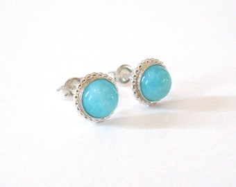 Amazonite Gemstone Studs, Sterling Silver Post Earrings, 6mm Aqua Blue Gems in Boho 925 Settings