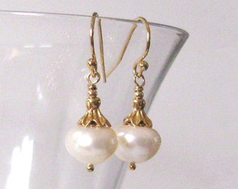 White Pearl Goldfilled Drop Earrings, Ear Wire Options Available, Large Creamy White Freshwater Baroque Pearls, Flower Design