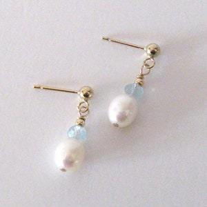 Pearl and Aquamarine Drop Earrings, Goldfilled Studs, Small White Freshwater Pearls, Pastel Blue Gemstones image 3