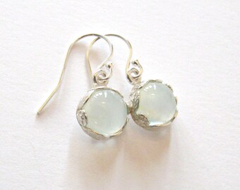 Green Prehnite Gemstone Drop Earrings Sterling Silver, Flower Leaf Vine Bezel, Ear Wire Options