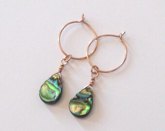 Abalone Teardrops on Rose Gold Filled Hoops, Reversible Small Hoop Tropical Earrings