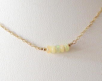 Ethiopian Opal Bar Necklace, Tiny Welo Opal Rondelle Beads Goldfilled Chain, Minimalist Style, October Birthstone