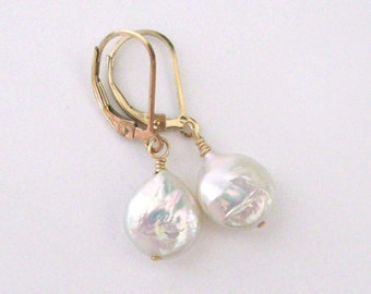 White Cream Baroque Coin Pearl Goldfilled Leverback Earrings, Freshwater Pearls with Pastel Iridescence